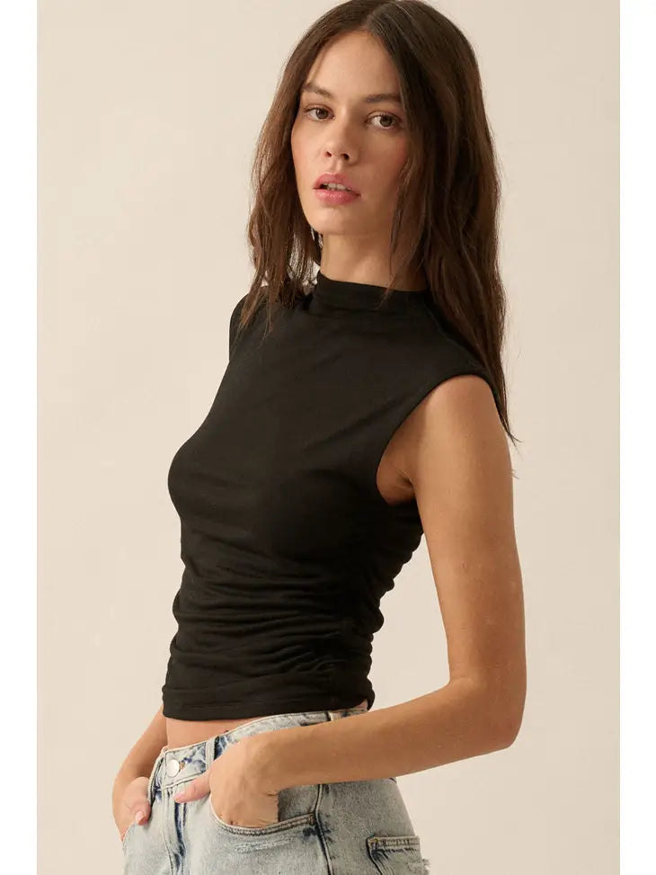 Black Ruched Sleeveless Mock-Neck Top