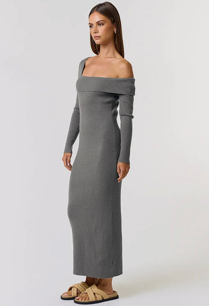 Ribbed Asymmetric Off Shoulder Sweater Maxi Dress