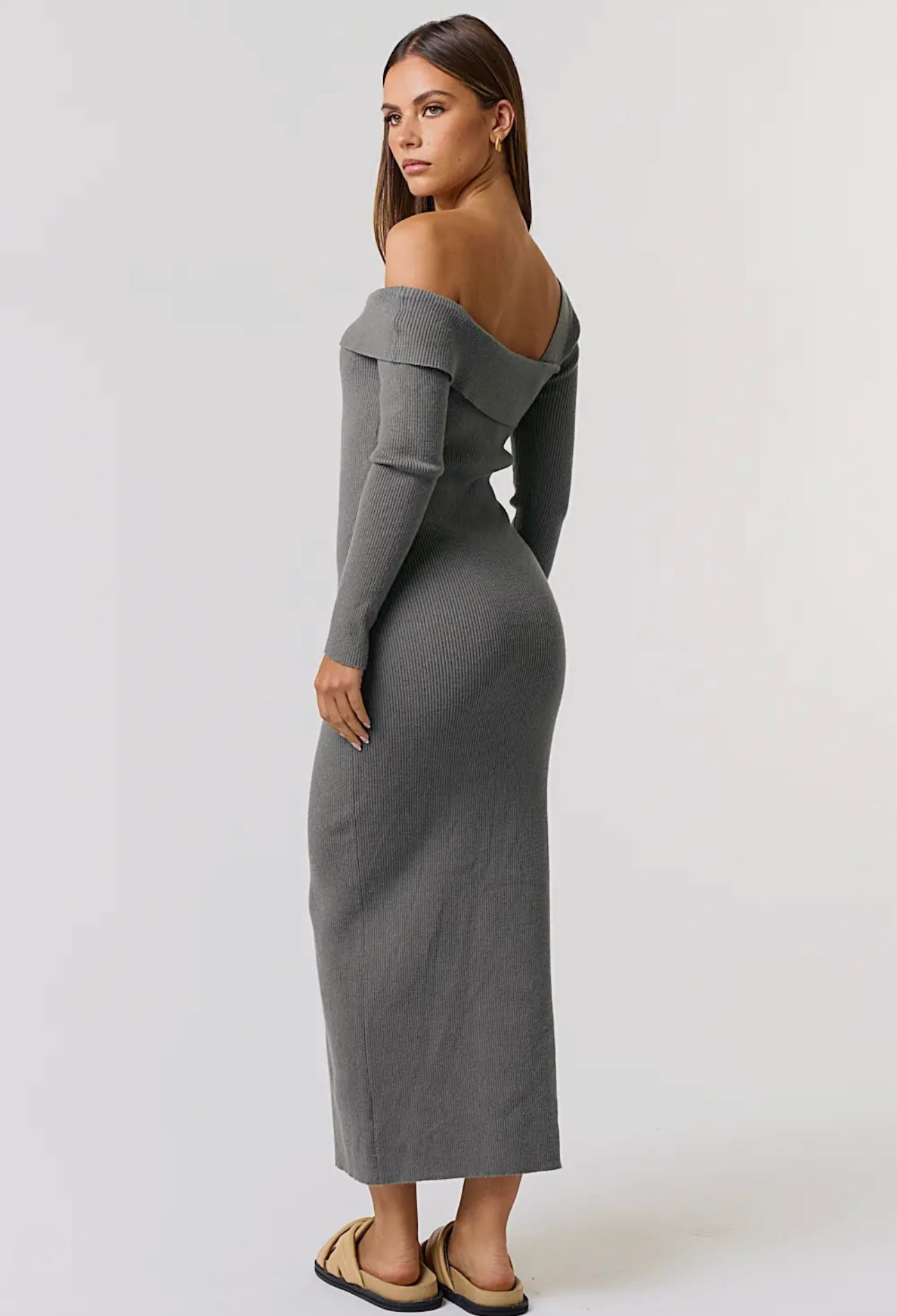 Ribbed Asymmetric Off Shoulder Sweater Maxi Dress